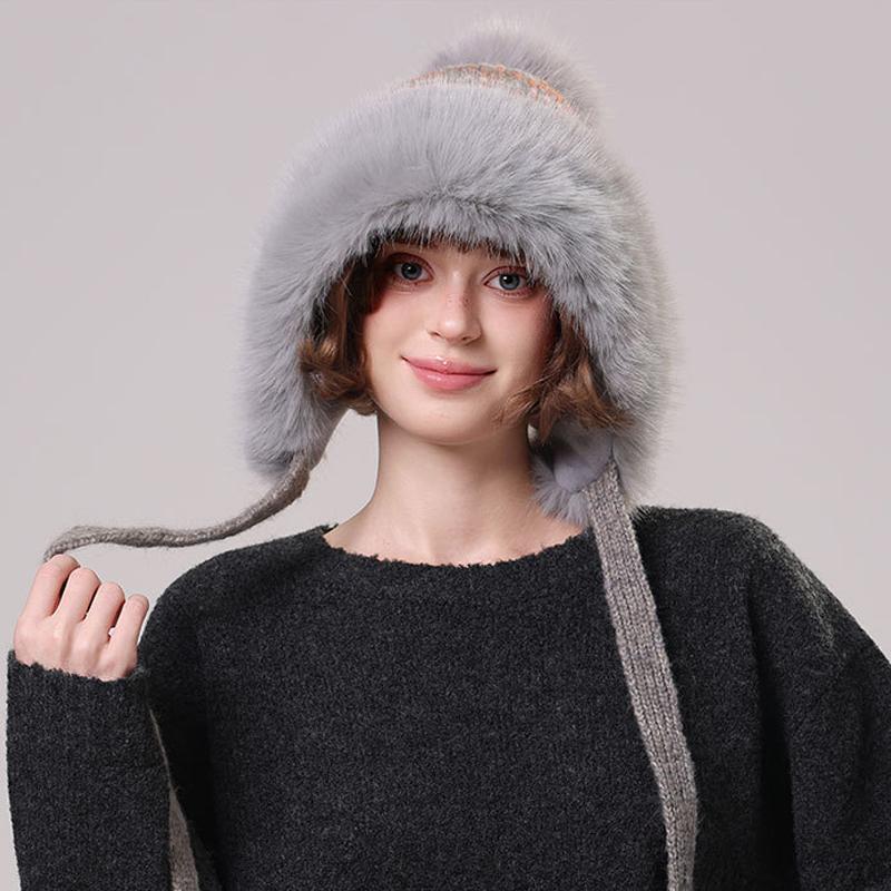 Winter Retro Big Fur Collar Fur Ball Knitted Hat Women's Outdoor Windproof Face Protection Hat