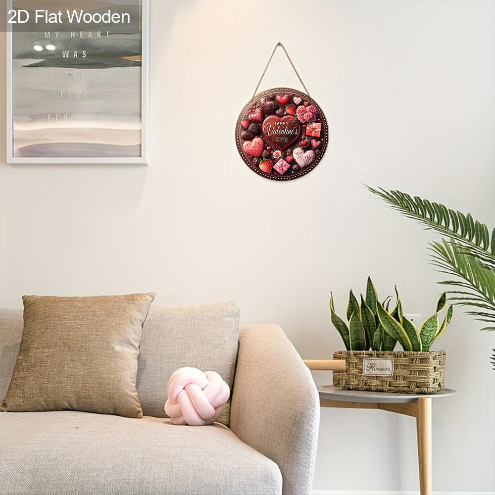 Happy Valentine's Day Chocolate Heart Wooden Sign, Round Front Door Decor, Sweet Treats & Roses Wall Hanging - Ideal Romantic Gift