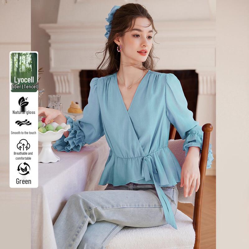 Элегантная блузка с V-образным вырезом и рюшами из лиоцелла Tencel XL