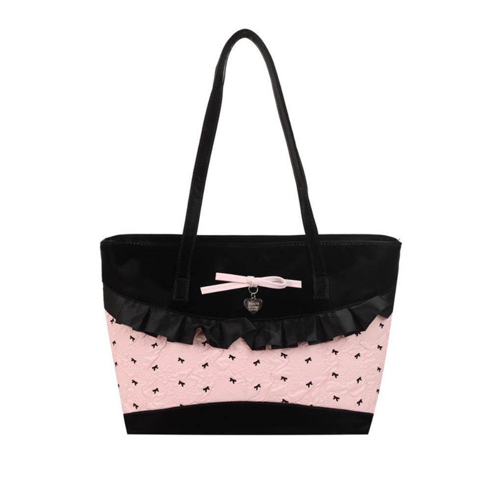 Lattice Lace Bow Shoulder Bag Rural Style Commuting Tote Bag Retro Denim Plaid Handbag Students