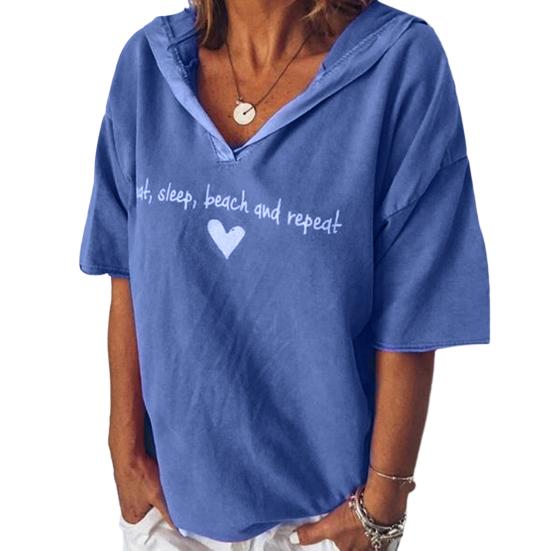 Sommer Unifarbene Damen Buchstaben Herz Druck Kurzarm Hoodies Mit Kapuze T-Shirt