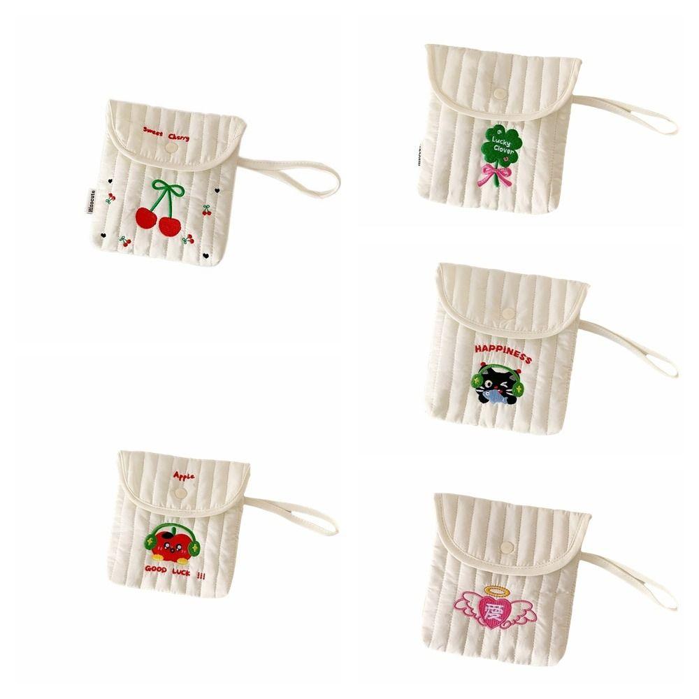 Square Embroidery Cherry Cosmetic Bag Cat Small Storage Bag Sanitary Napkin Storage Bag  Travel