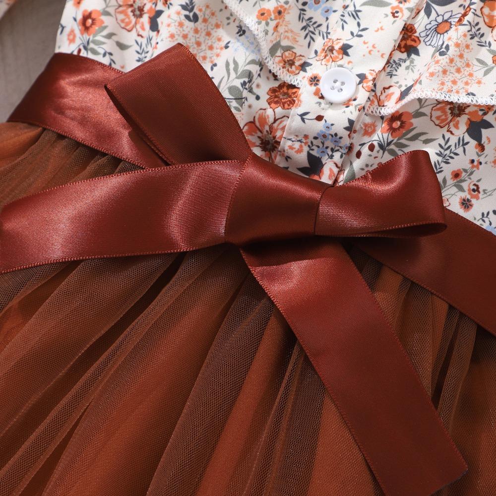 2-7 Years Girls' Floral Print Mesh Dress with Collar and Belt Girls Spring Autumn Winter Dress