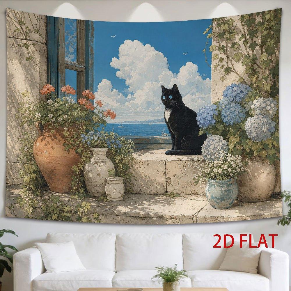 1pc Horizontal Wall Tapestry Suitable for Decor - Modern Minimalist Black Cat on Windowsill with Sea & Sky View, Horizontal Hanging /Picture Accent, F
