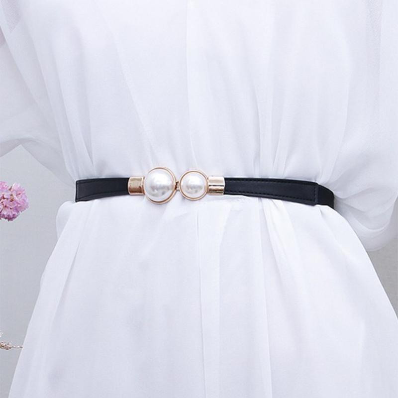 Creative Pearl Buckle Belt Pu Leather Dress Skirt Waist Elastic Thin Women Belts Ladies Waistband