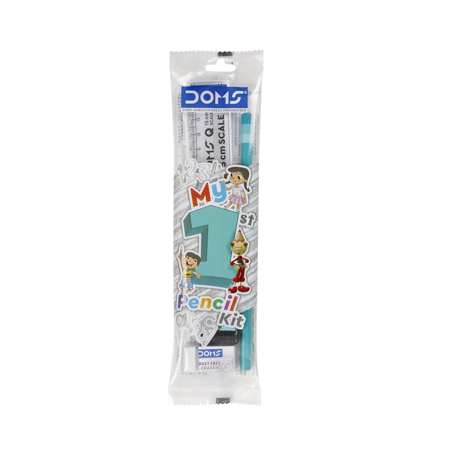 

Doms My 1st Pencil Kit 4 In 1 Stationery Set With Pencil Eraser Sharpener Scale For School Kids Beginners Learning Set