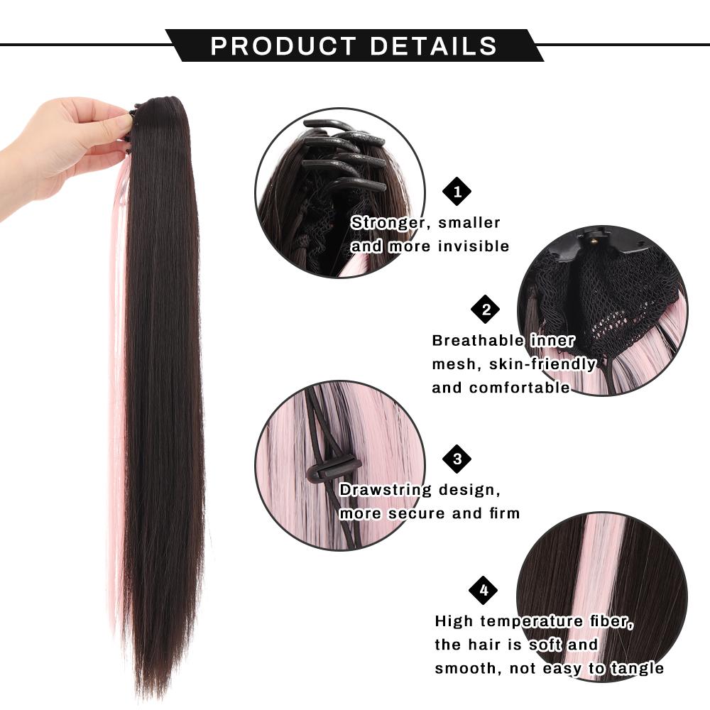 Long Straight Claw Clip Ponytail Brown Black Mixed Pink Synthetic Ponytail Ponytail Wig for Women