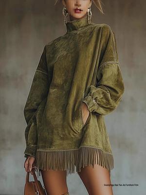 2026 High Neck Loose Pocket Tassel Suede Dress