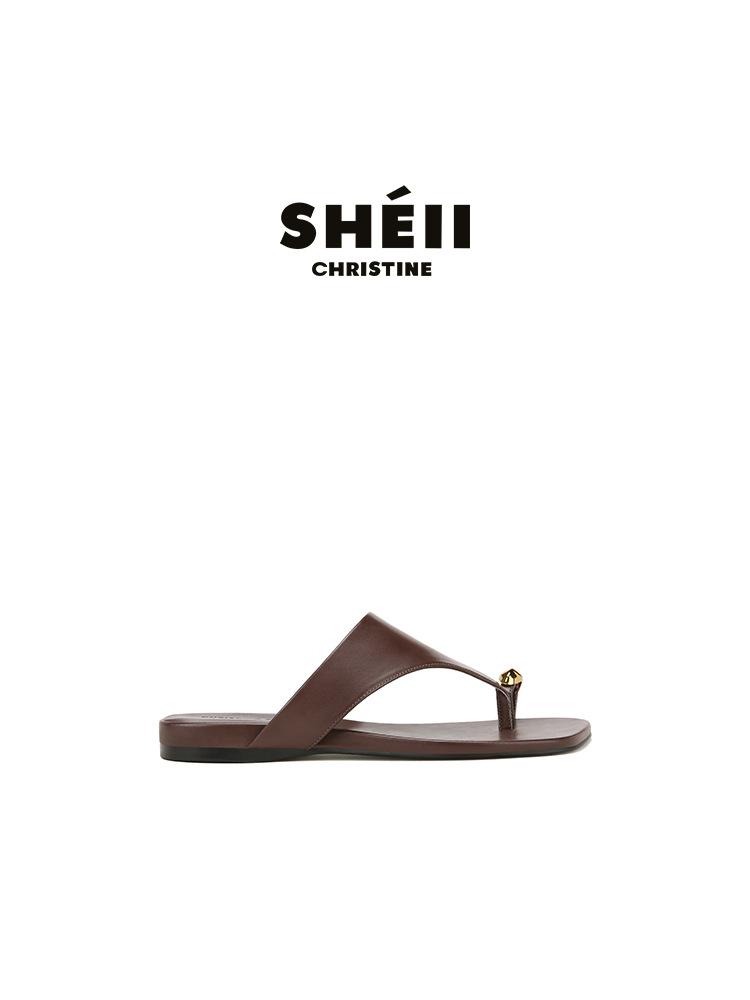 Sheepskin Su Yinyin Small Gold Buckle Slippers Women's Summer Wear Square Head Cover Toe Holiday Beach Flat-bottomed Herringbone Cool Slippers