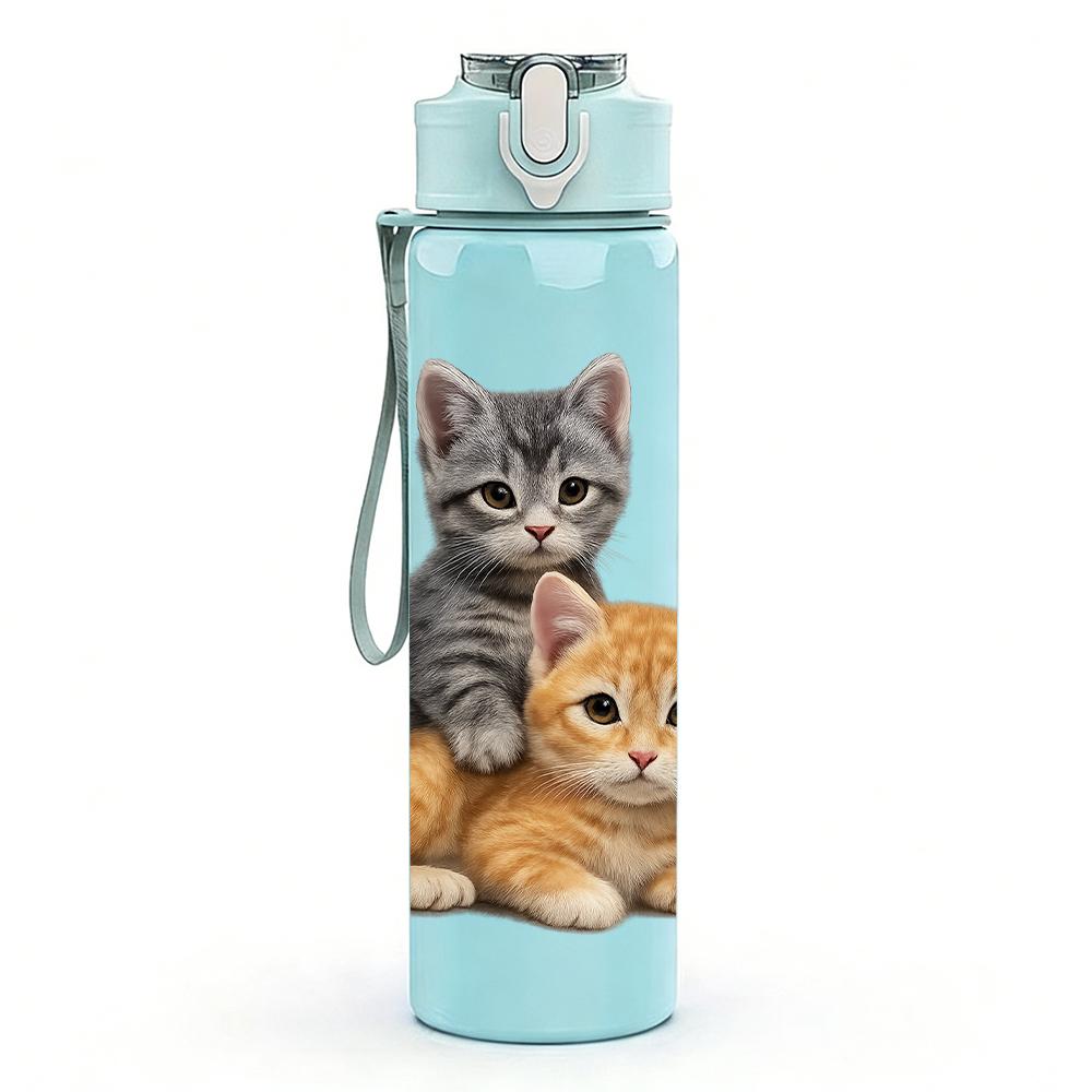 1PC Two Cute Kitten Snuggle Portrait 750ml Color Plastic Sports Water Bottle Leakproof Flip Straw Lid Suitable for Sports Office Home Use