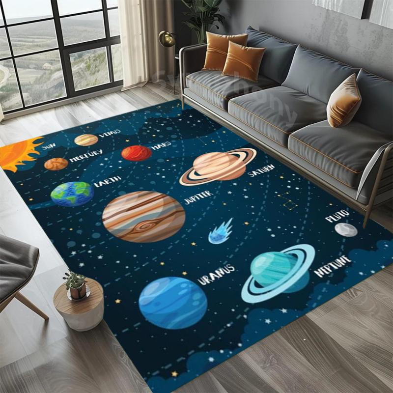 Solar System Rug Planet Galaxy Design for Living Room & Kids Bedroom | Non-Slip Space Floor Mat Home Decoration