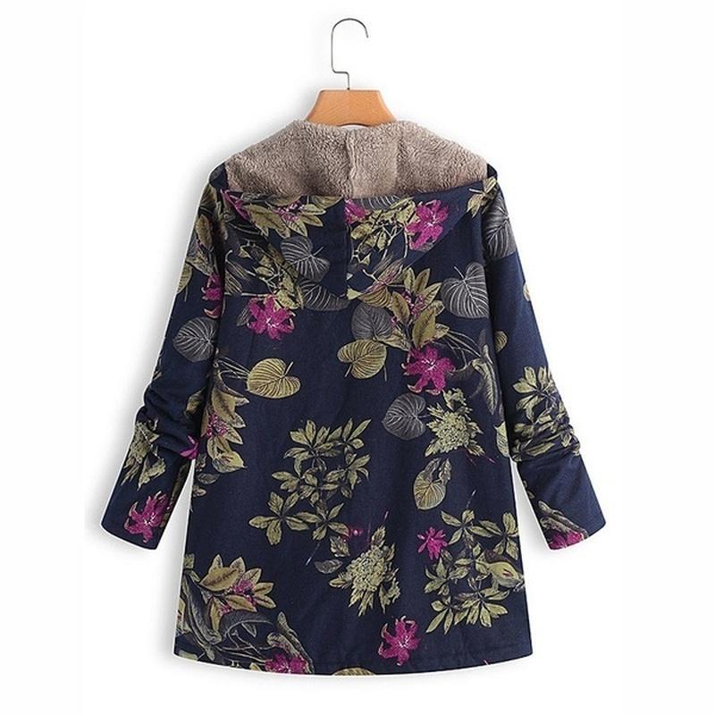 Winter Hood Casual Women Warm Pocket Hoodie Long Sleeve Zipper Vintage Coats Floral Fleece Jacket
