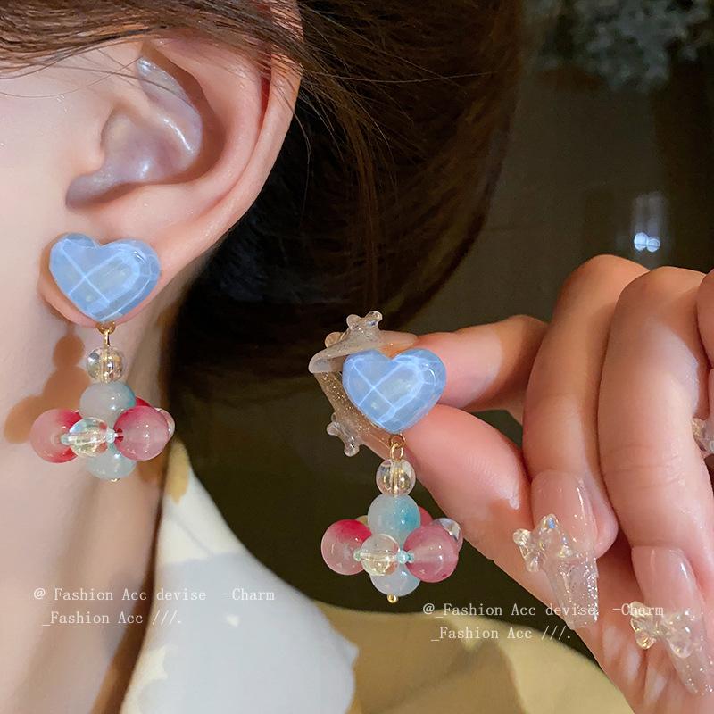 Silver Needle Colored Glazed Flower Love Earrings Sweet Small Fresh Versatile Earrings Cute Girl Heart Earrings
