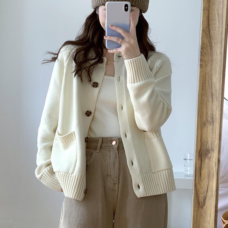 Women's Korean Style Round Neck Cardigan Sweater - New 2026 Autumn Casual Knitwear Top