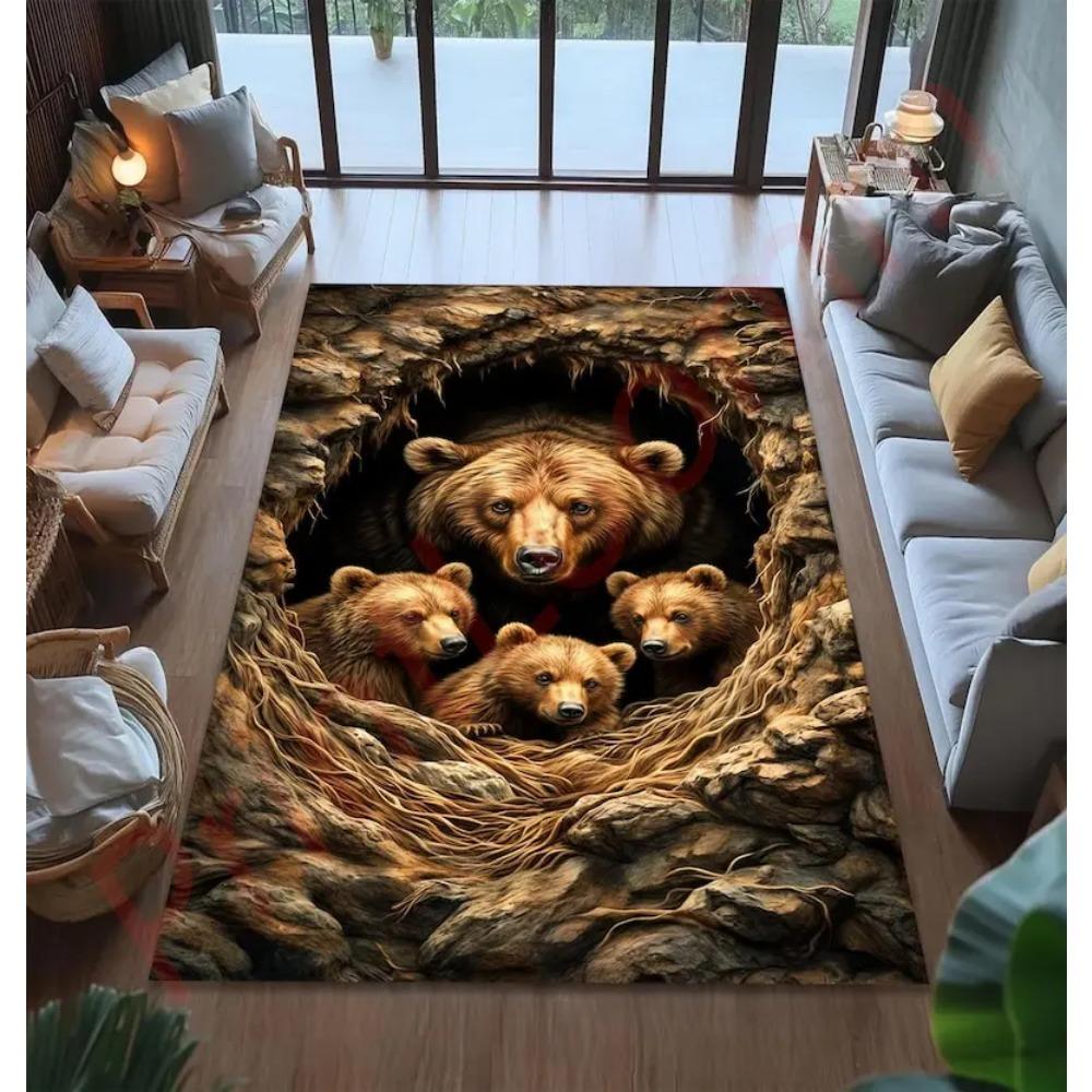 Bear Family Rug With Nature Cave Design, Cozy Woodland Animal Carpet, Rustic Lodge Living Room Decor
