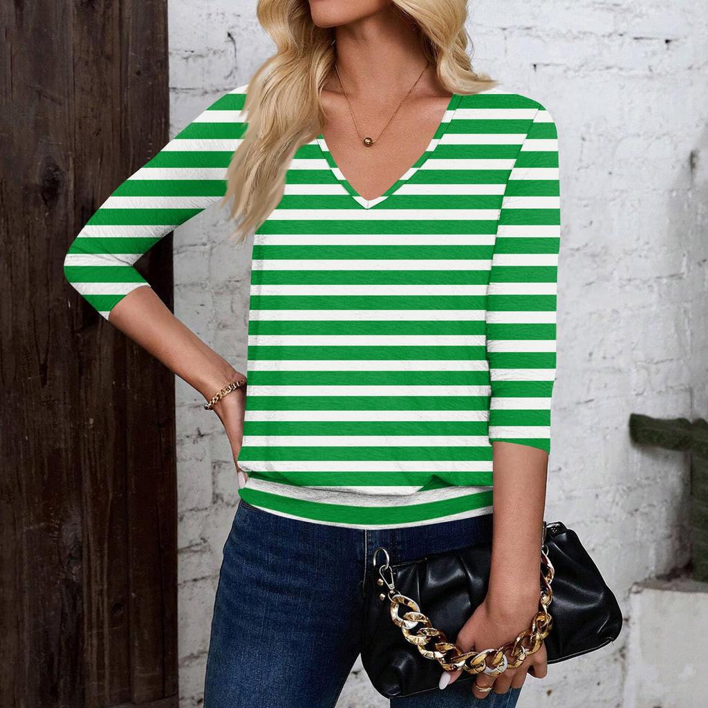 Dámský módní ležérní top s výstřihem do V a tříčtvrtečním rukávem s potiskem