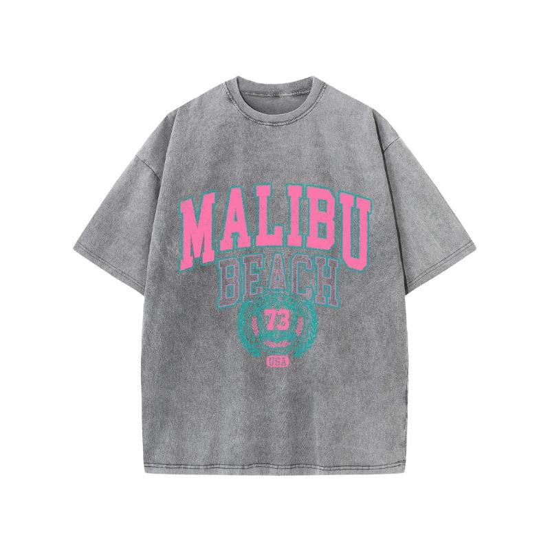 Malibu Beach Washed T-Shirt Women Letter Printing Cotton T Shirt Comfortable Crewneck Tops Casual Oversized Tees Female Clothes