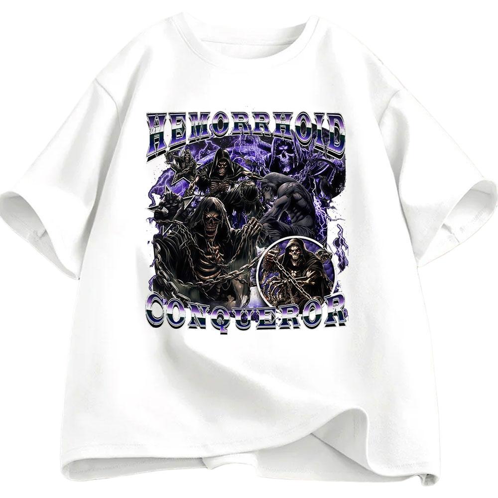 Hemorrhoid Conqueror Funny Skull Tshirt Mens Womens Casual Cotton Tshirt Fashionable Oversized Short Sleeved Street Y2K