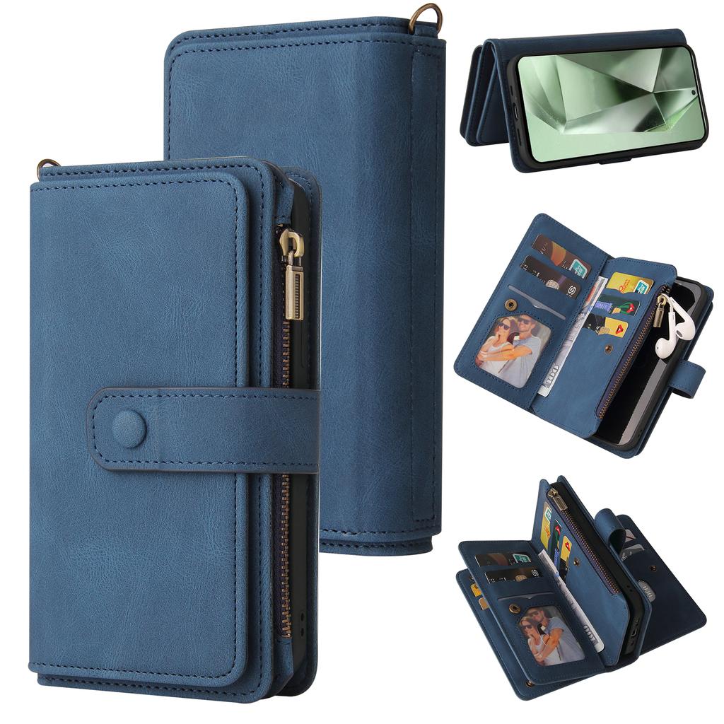 For Samsung Galaxy S24 FE Zipper Wallet Case with 15 Card Slots and Strap Leather Phone Cover