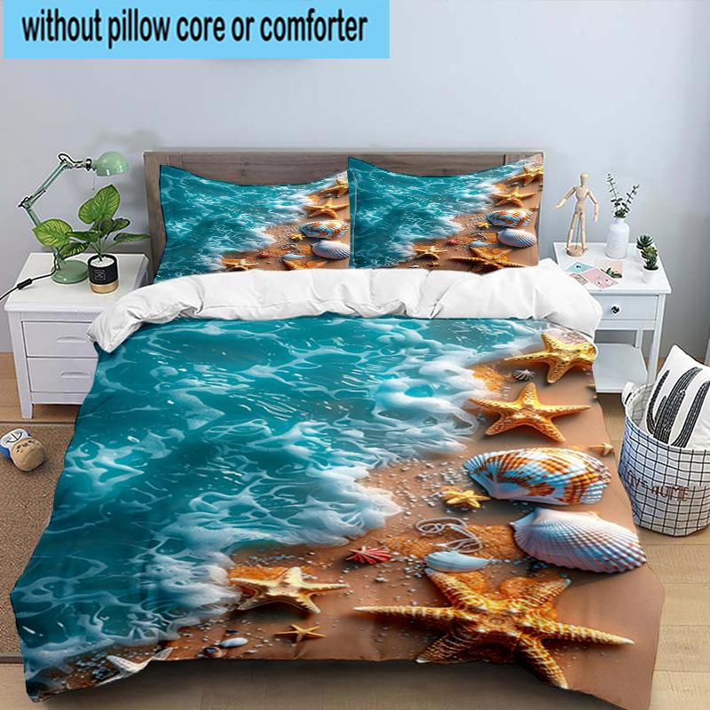Ocean Starfish Shells 3pcs Bedding,Including 1pc Duvet Cover And 2pcs Pillowcases Perfect for Christmas,Ideal for Bedroom, Dormitory