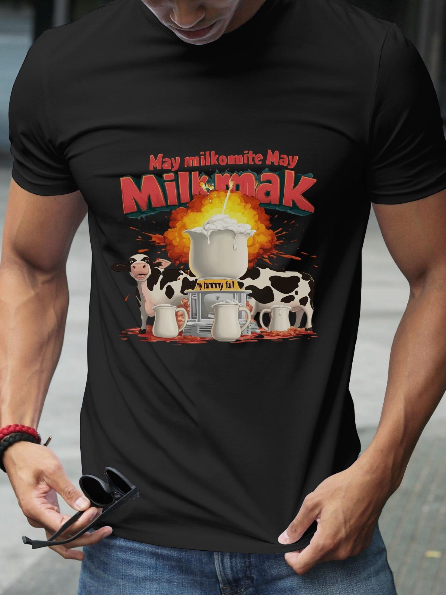 

1pc Milkomite Humorous Cow & Explosive Milk Jug Graphic T-shirt - 180g Cotton Crew Neck Short Sleeve Tee with May Milkomite May Print XXXL