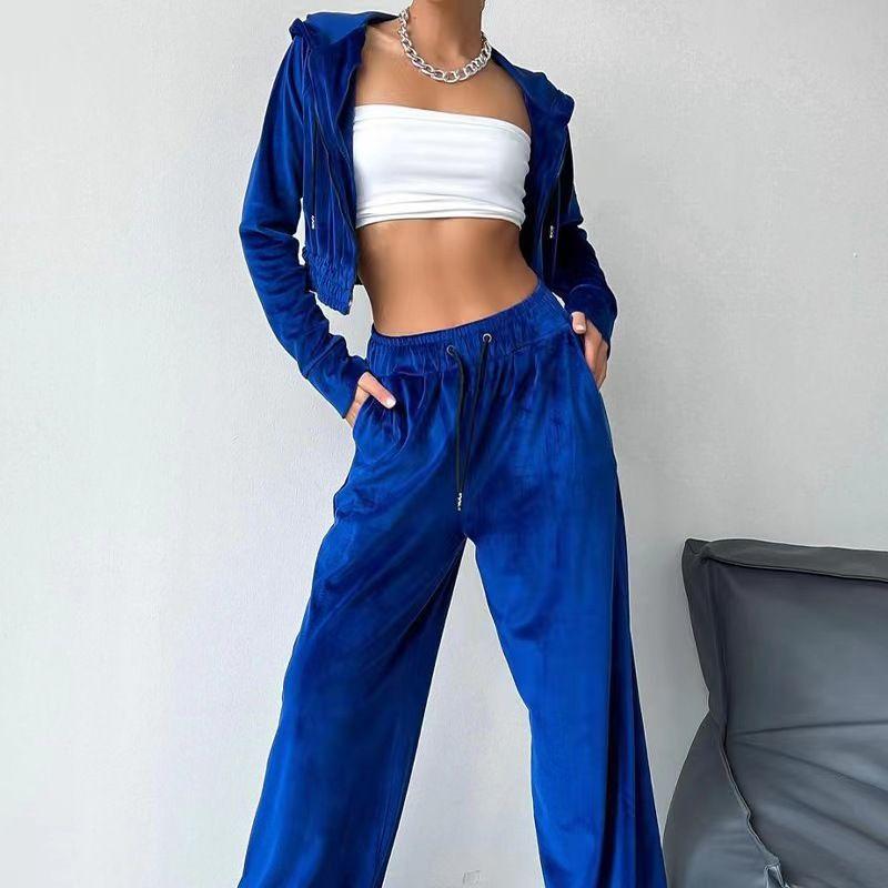 

New Arrival Fashion Hooded Sweatshirt Straight-Leg Pants Suit Hooded Top Straight Leg Pants Set Blue L