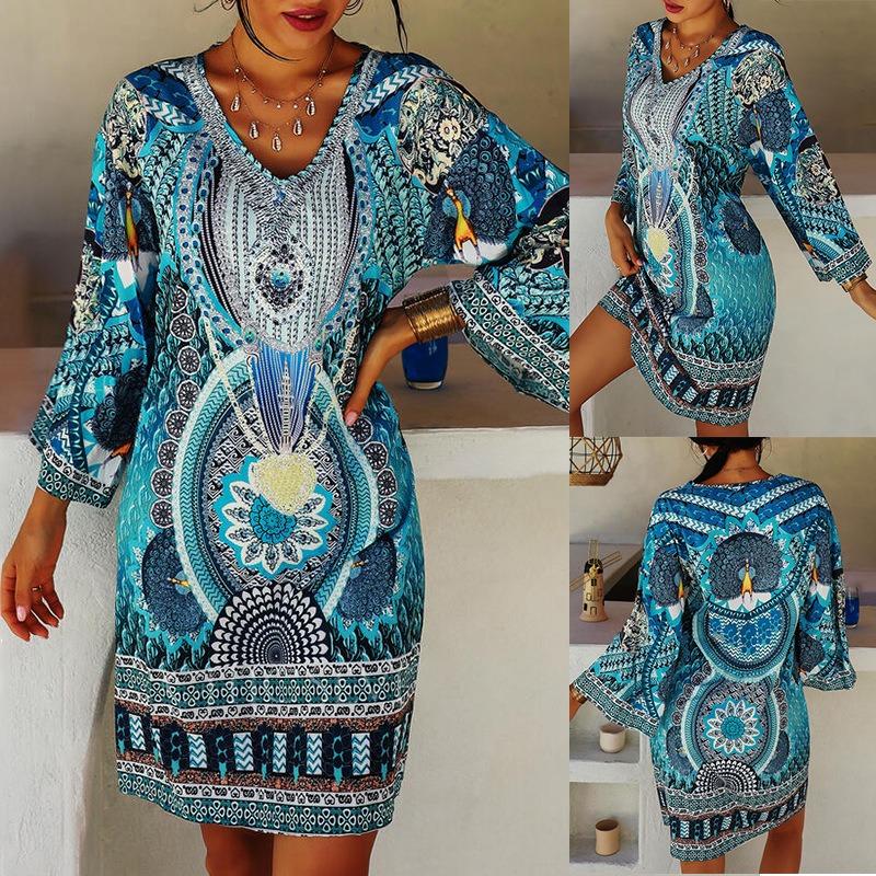 Spring and Autumn Women's Ethnic Style Printed Long-sleeved V-neck Casual Dress