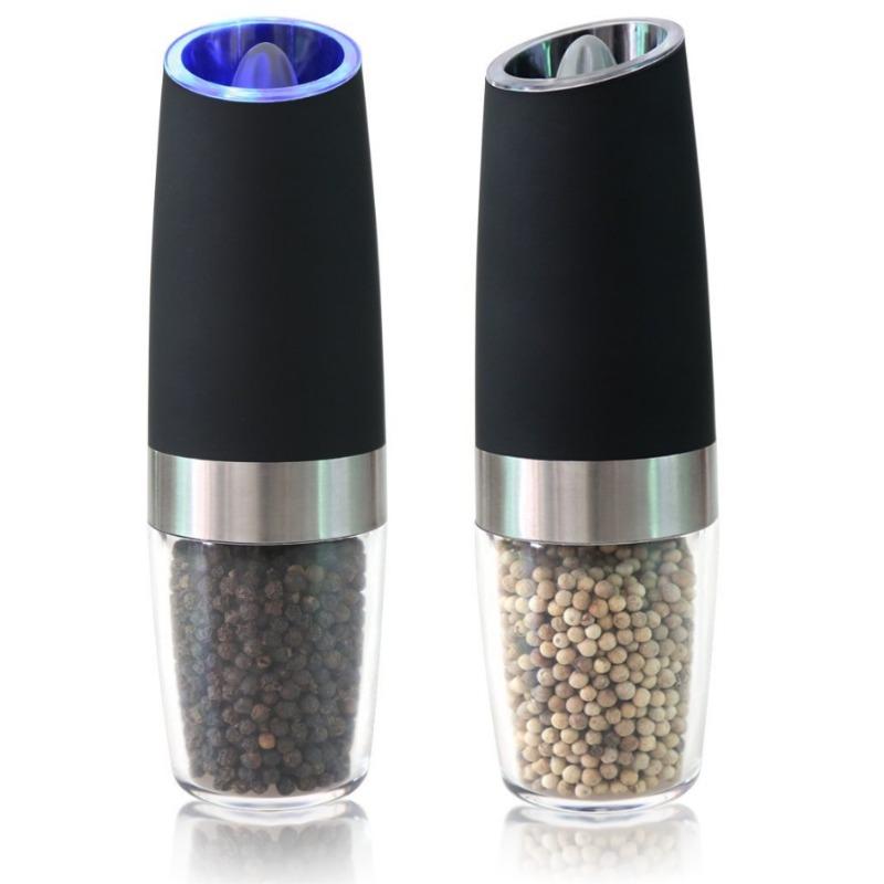 

Гравитационная электрическая мельница для перца и соли, регулируемая степень измельчения, питание от батареи со светодиодной подсветкой, автоматическое управление одной рукой 2pc чёрный