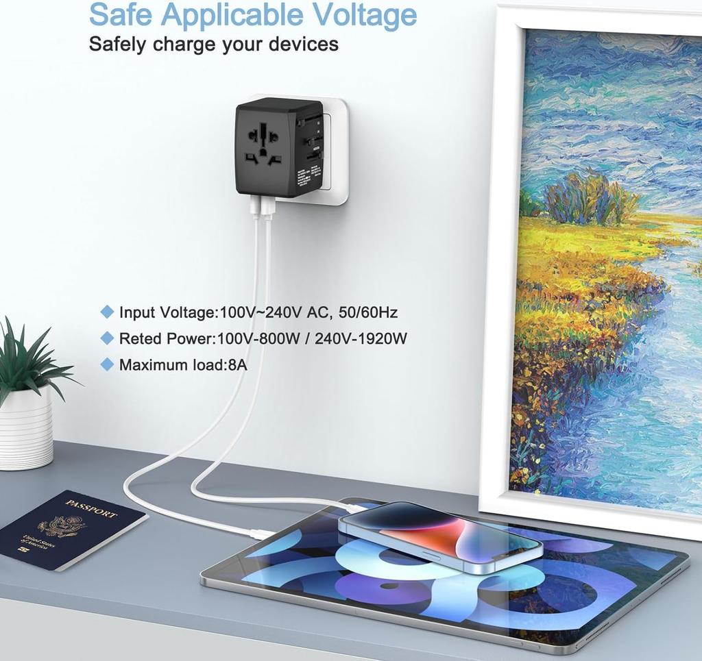 Amoner International Adapter Type Travel Power Fast 3 Ports and 1 AC Adapter Compatible with Type C International Black Converter, C, Transformer,