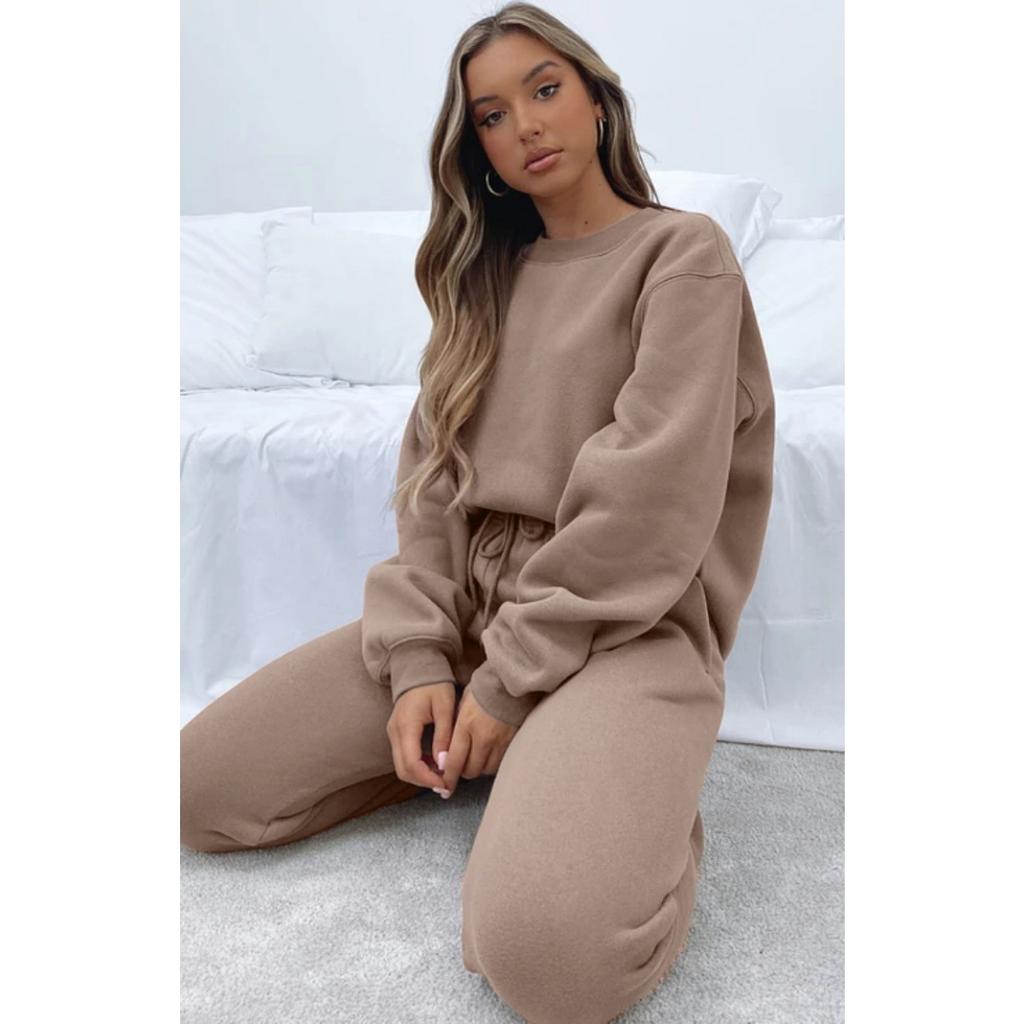 Autumn and Winter Solid Color Round Neck Pullover Long Pants Women's Fashion Casual Long Sleeved Sweatshirt Set