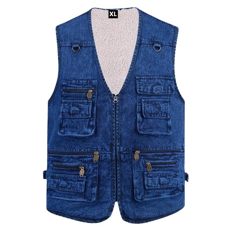 Herren-Jeans-Weste mit Baumwoll-Fleece-Futter - Große Größen, Warm, Mehrere Taschen, Herbst/Winter Freizeit-Weste