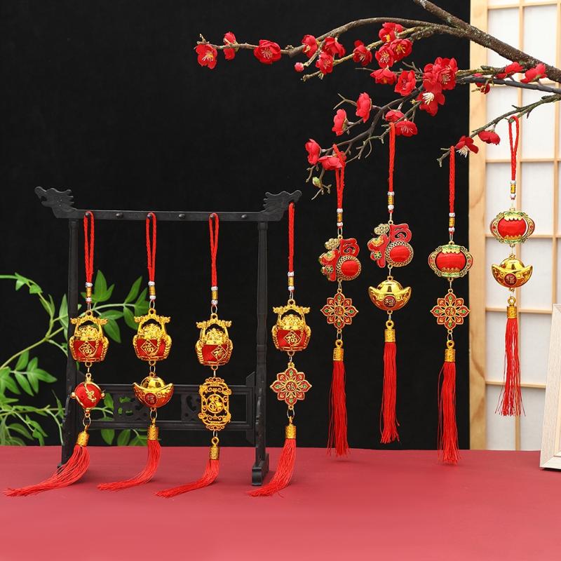 Lunar New Year Lucky Hanging Ornament with Red Tassel Golden Charm Festive Portable Decor for Travel Hotel Room Spring Festival