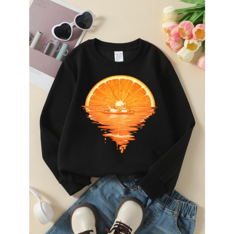 European Sizes Kids Sweatshirts, Girls' Autumn Winter Orange Slice Splash Print Long Sleeve Round Neck Sweatshirt, Casual Daily Wear.