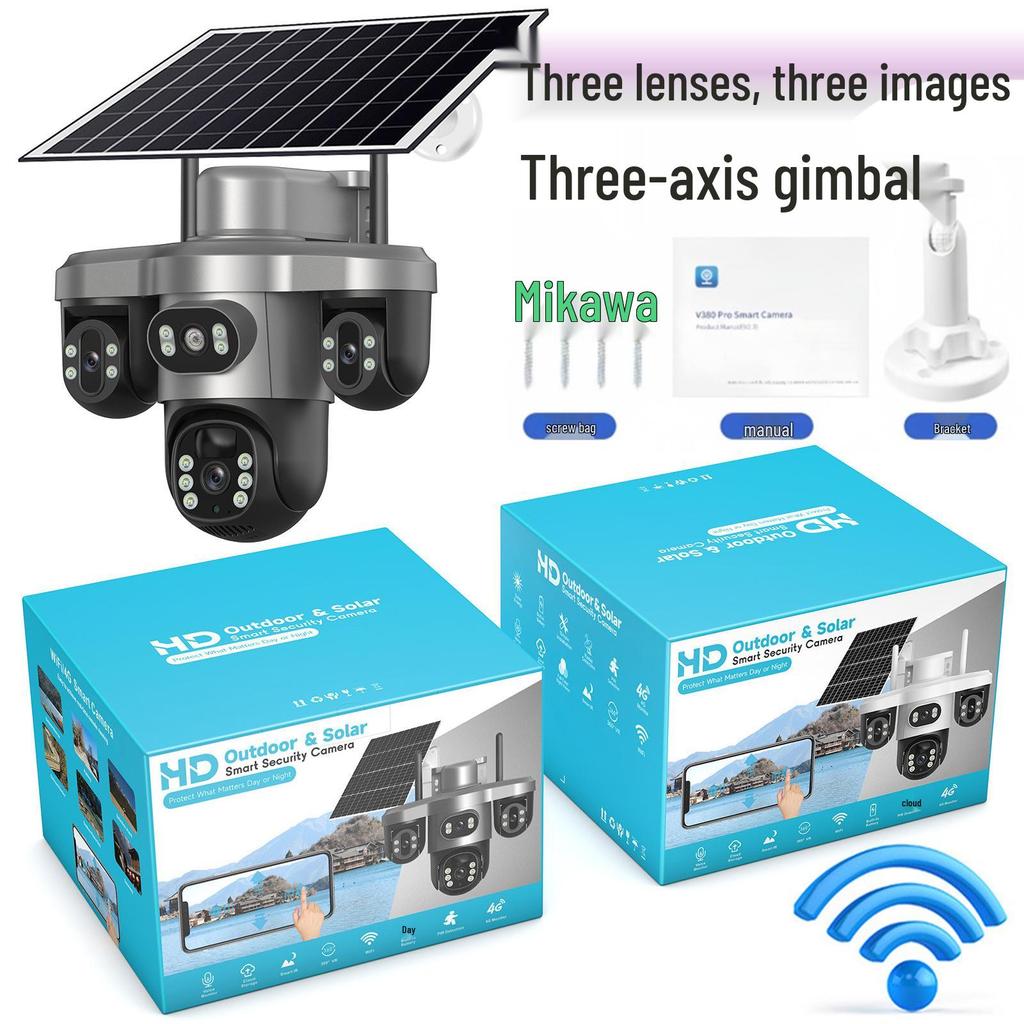 V380 4G Solar Camera with Three-Lens, Three-Axis Gimbal for Home Monitoring - Wireless, Low Power Battery.