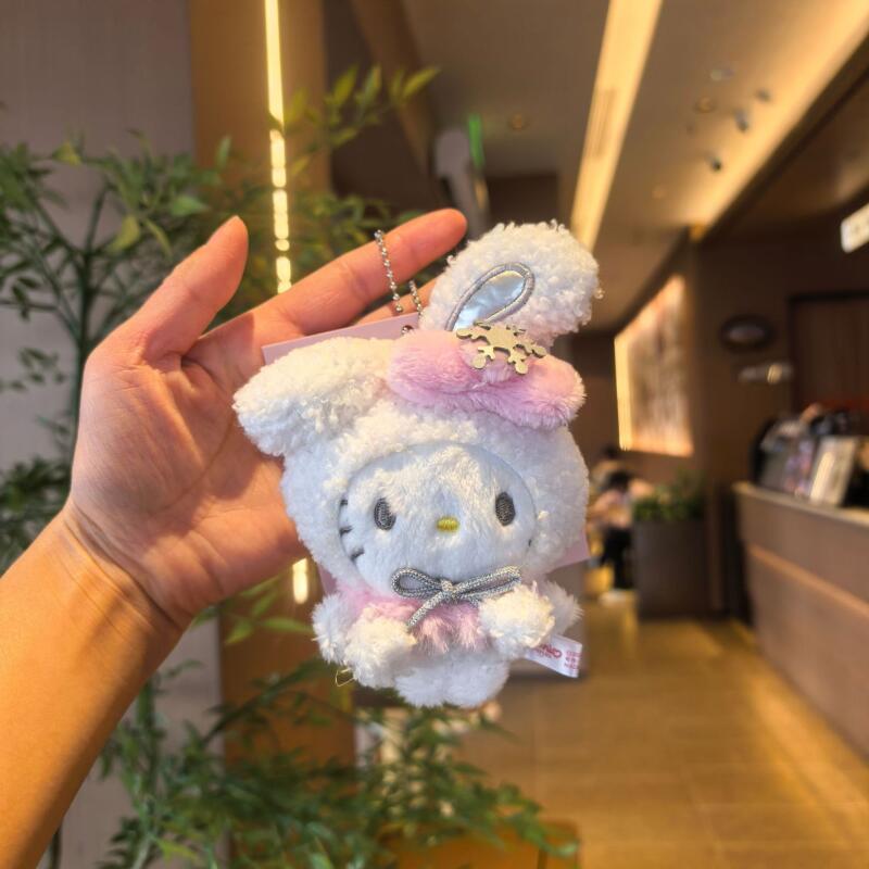 Kawaii Cartoon My Melody Cinnamoroll Plush Toys Keychain Winter Silver Kuromi Backpack Pendant Stuffed Doll Girl Birthday Gift