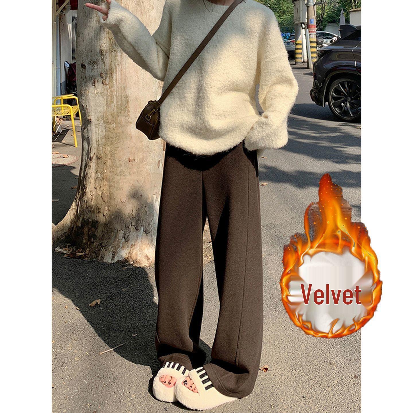 

Women s Off-White High Waist Wide Leg Sweatpants – Cozy Relaxed Fit with Soft Velvet, Curved Hem, and Loose Style. Coffee, extra-long, fleece-lined