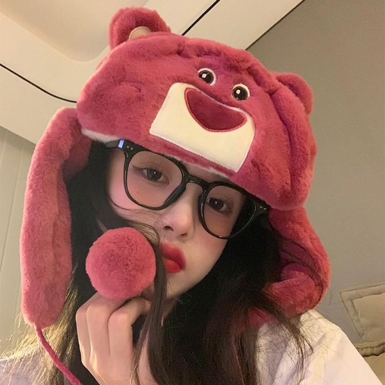 Damska czapka zimowa na zewnątrz ciepła czapka na uszy urocza dziecięca truskawkowy miś zimowa do jazdy na zimno bawełniana czapka