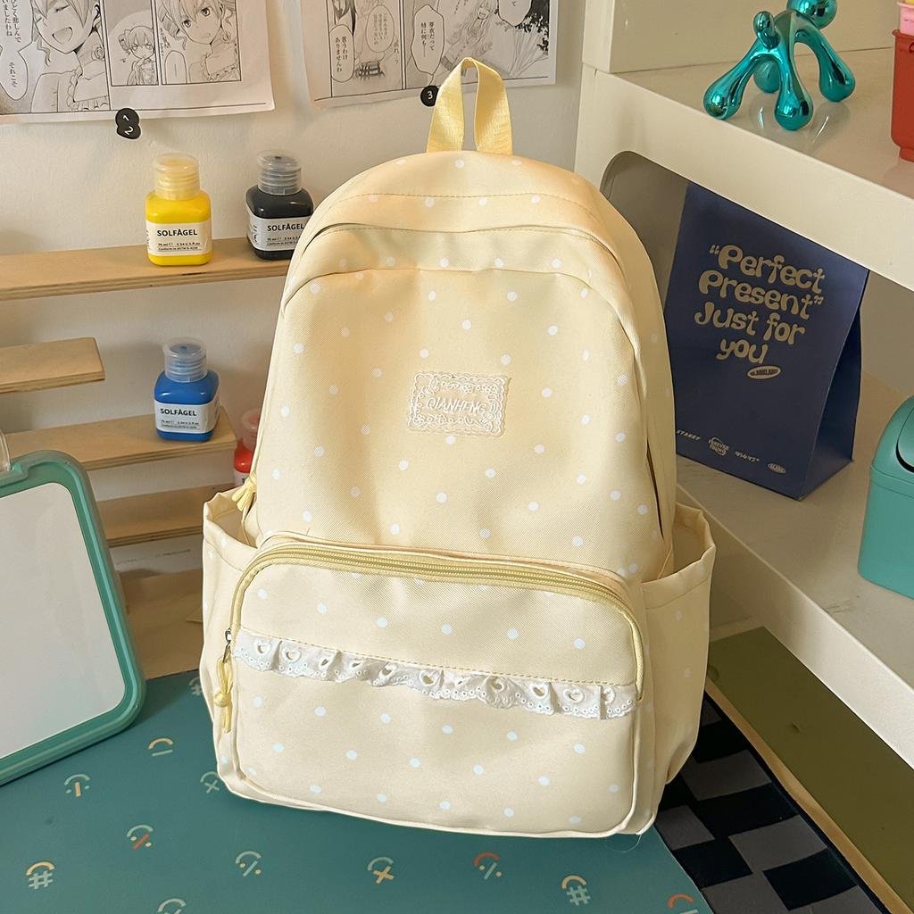 Schoolbag Milk White Polka Dot Backpack ins Niche Middle and High School Elementary School Bag Women's Lace Light Casual Backpack
