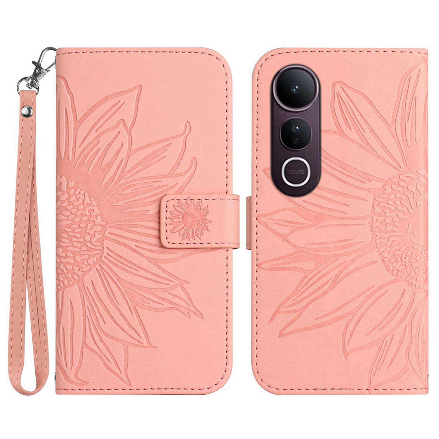 For vivo V50 Lite 5G Case Sunflower Imprint Leather Wallet Phone Cover with Wrist Strap F