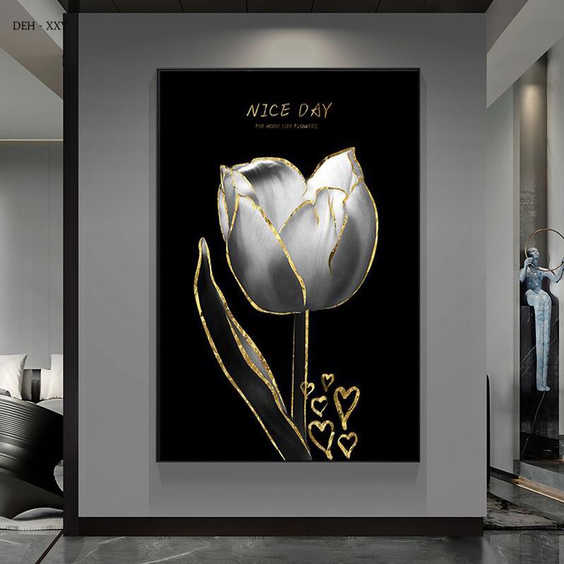 Luxury Plants White Flowers Wall Art Painting Picture Golden Art Canvas Poster Prints Nordic Flowers Art for Living Room Decor