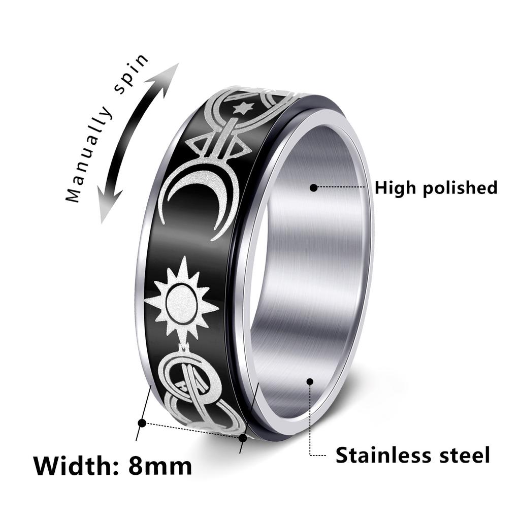 Rotatable Stress Relief Ring Eternal Star And Moon Design Mens Fashion Jewelry
