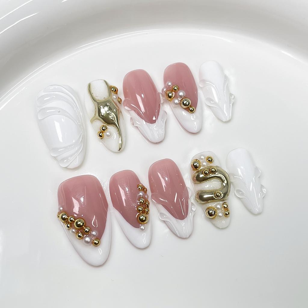 10Pcs Nude Pink Almond Manicure Nail Stickers Mid-length Ballet Simple Reusable Press on Nails Artificial Handmade False Nails