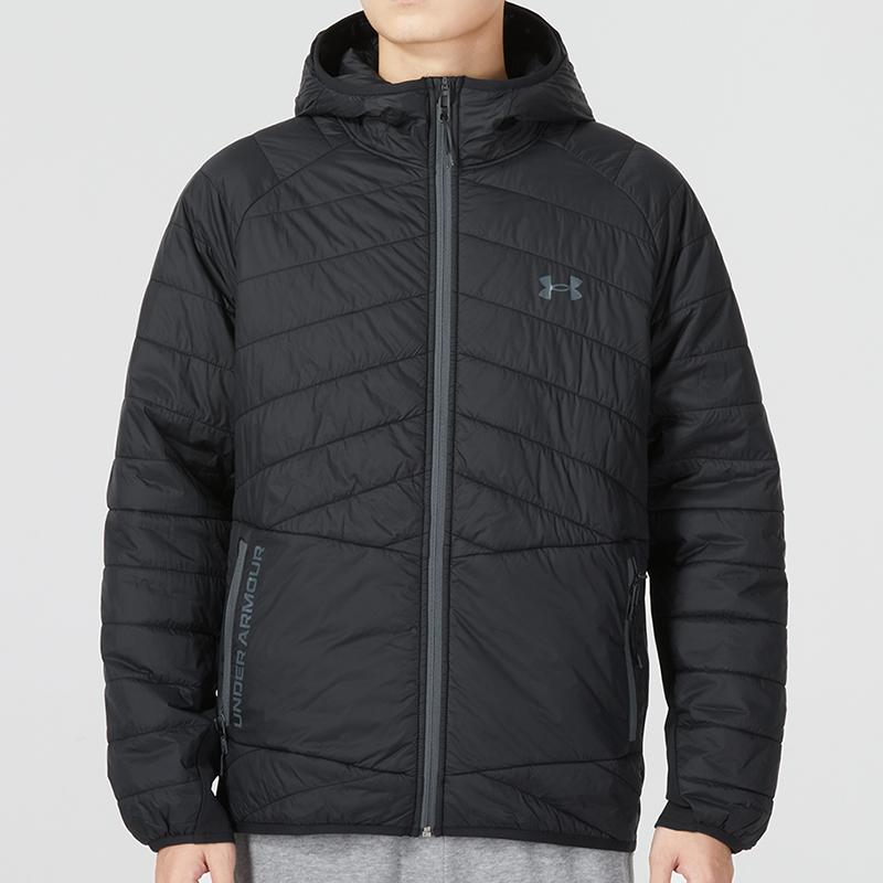 Under Armour Solid Color Zip-Up Hooded Sports Casual Cotton Jacket Men Jackets Black 1375447-001