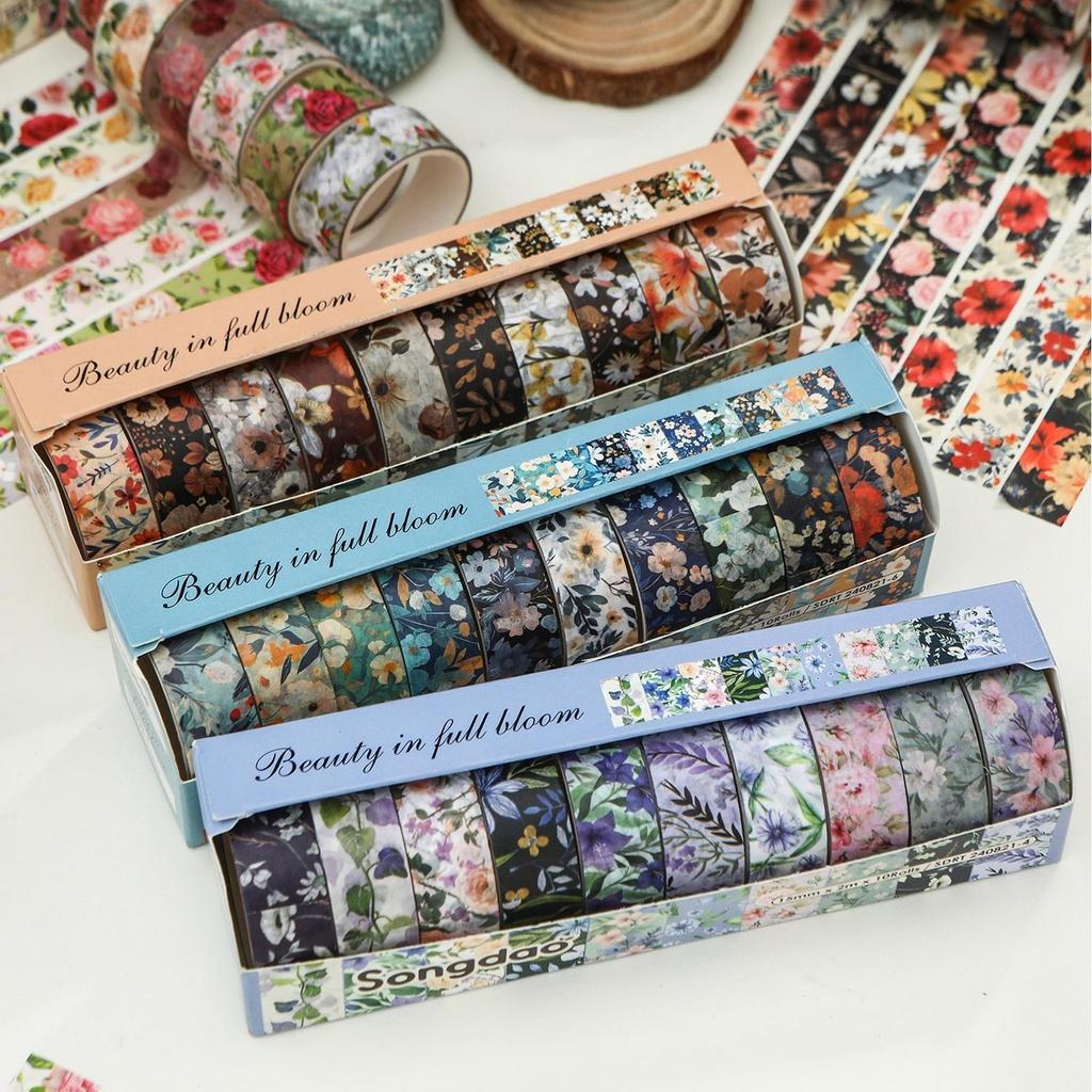10 Rolls Vintage Flower Washi Tapes Beauty In Full Bloom Floral Pattern Adhesive Paper Masking Tape Decoration Stickers