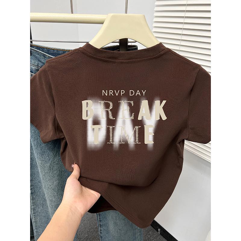 

Women s Korean Style Slim Fit T-shirt - Short Sleeve, Round Neck, Letter Print, Summer 2024 Fashion. 2XL коричневый