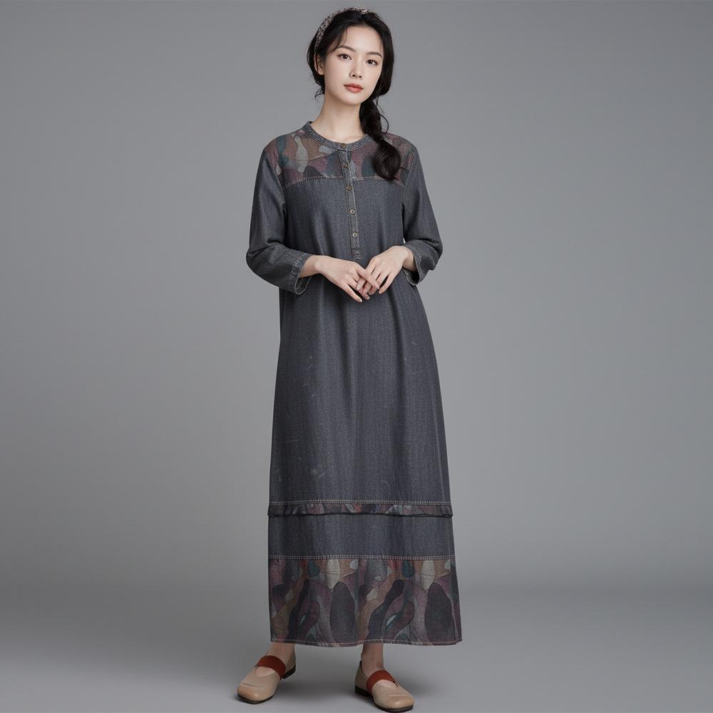 Johnature Women Vintage Dress Spring O-Neck Long Sleeve Robes Patchwork Print Floral Loose Dresses