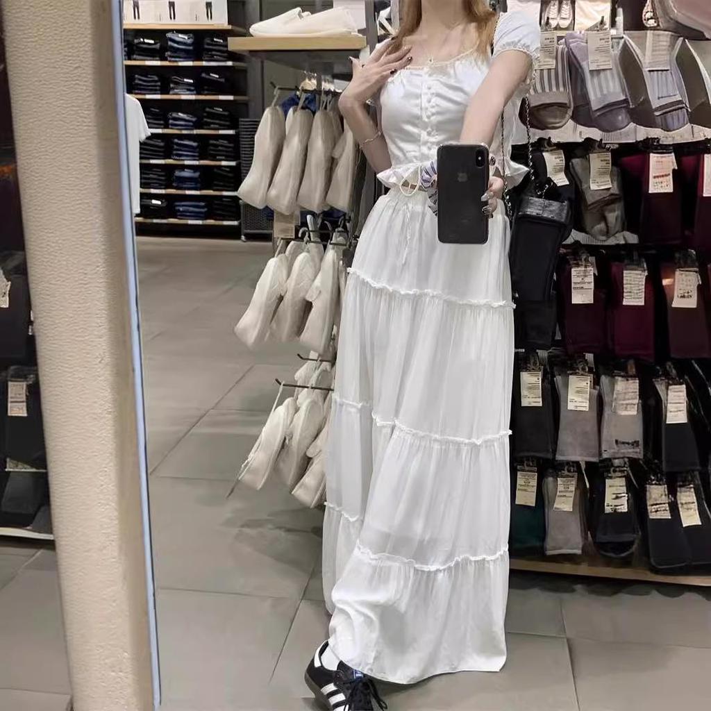 Women's French-Style High Waist White A-Line Skirt for Spring