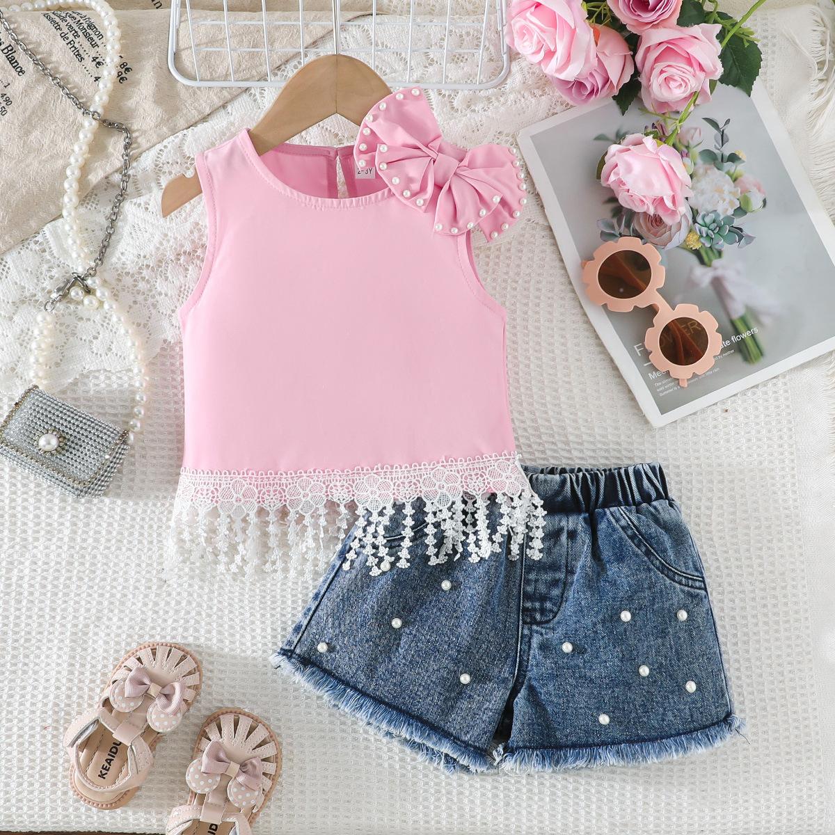 Children s Casual Set: Summer Girls Fashionable Bow, Lace, and Fringe Tank Top + Denim Shorts Set 2-3Y