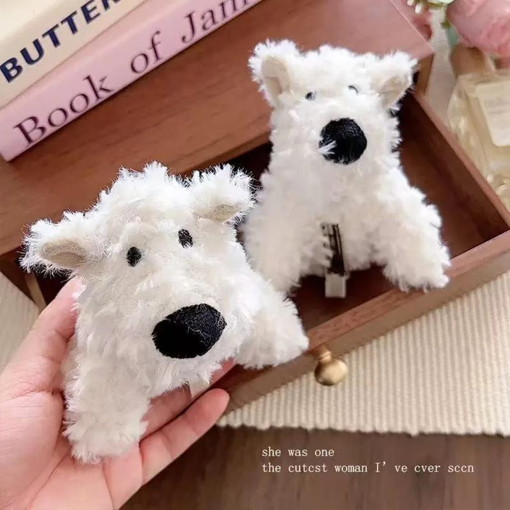 Large white plush dog clip cartoon bangs, side clip trendy toy doll machine store, soft and cute doll