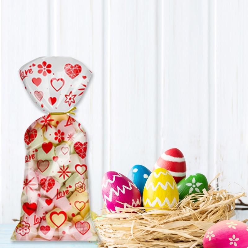 100 Stück Zellophantüten in Herzform zum Valentinstag mit Drehverschlüssen, für Feiertage, Leckereien, Schokoladentüten, Kekstüten, Geschenke